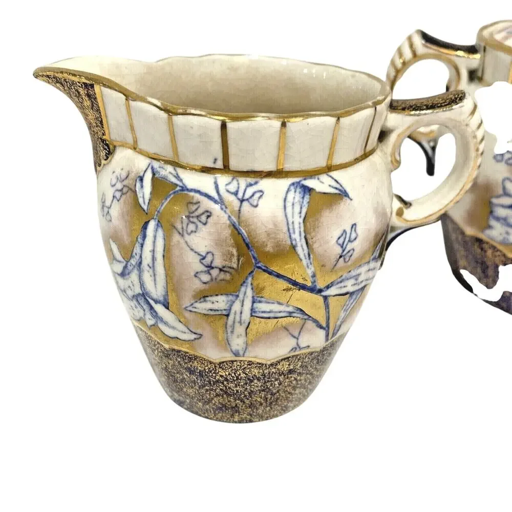 Vintage porcelain creamer & covered sugar bowl cobalt blue white and gold floral